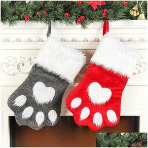 Christmas Decorations Party Dog Cat Paw Stocking Hanging Socks Tree Ornament Decor Hosiery Plush Xmas Kids Gift Candy Bag Drop Deliv Dhdsh