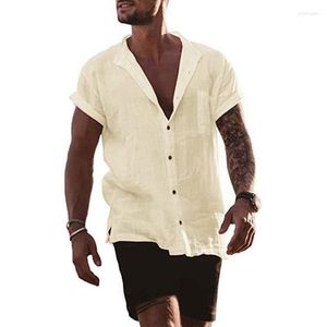 メンズカジュアルシャツ夏のソリッドコットンリネンシャツカーディガンルーズ半袖ポケットシンプルでブラウス