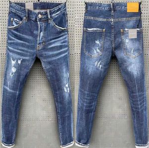 Herrenjeans, blaue Löcher, zerrissene Hosen, modische Skinny-Denim-Jeans, Biker-Motorrad-Rock-Revival-Hose im italienischen Stil