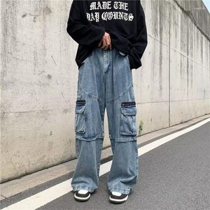 Männer Jeans 2023 Mode Seite Tasche Blau Baggy Männer Fracht Breite Bein Hosen Y2K Gerade Lose Hip Hop Denim Hosen vetement homme