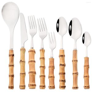 Servis uppsättningar silver rostfritt stål trä bambu rothandtag bestick som serverar sked sallad gaffel te bordsvaror köksvaror
