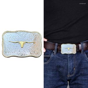 Belts 652F Western Cowboy Bull Head Belt Buckle Metal Silver Color Rock Link With Carved Floral Vine Pattern Unisex