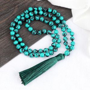 Pendant Necklaces 8MM Blue Black Stone Tassel Necklace Tibetan Prayer 80 Beads Elastic Bracelet Energy Healing Yoga Jewelry Gift