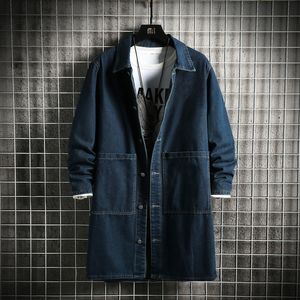 Trench Coats Masculino Primavera e Outono Estilo Coreano Jaqueta Jeans Singlebreasted Masculino Sólido Casual Longo Jean Sobretudo Masculino 230804