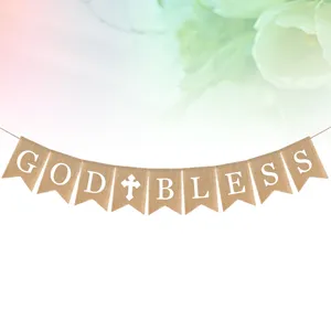 Decorative Flowers God Bless Baptism Banner Burlap Rustic Bunting Garland Decor Swallowtail Flag Communion Party