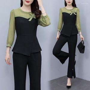 Calças femininas de duas peças, roupas de outono, elegantes conjuntos OL, cor de sucesso, blusa feminina de manga comprida, 2 peças vintage chiffon combinando