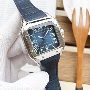 Relógio masculino quadrado automático todo em aço inoxidável pulseira de couro café preto azul escuro botão borboleta exibição de calendário automático relógios de ponteiro azul cozimento