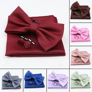 Bow Ties Bright Color Men's Bowtie Handkerchief Brooch Set For Groom Man Purple Red Green Blue Wedding Party Pocket Square