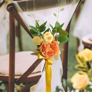 装飾的な花の椅子サッシャー人工ネクタイシートノットカバーバックローズベルト弓教会エルバンケットウェディングパーティーイベント装飾