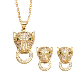 Wedding Jewelry Sets 316L Stainless Steel Chain Copper Pendant Microset Zircon Green Eye Leopard Necklace Earring Set 230804