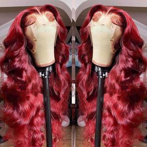 13x4 Body Wave Lace Front Human Hair Wig Brazilian Red Colored Remy Wigs for Women HD Transparent Lace Frontal Wig
