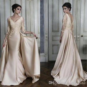 Mermaid Mother of the Bride Dresses with Overskirt V Neck Lace Applique Satin Evening Gowns 3 4 Sleeve Sweep Train Formal Party Go238d