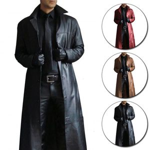 Męskie okopy pokrywki skórzany płaszcz vintage w stylu brytyjskim Windbreaker Przystojny stały kolor Slimfit Overcoat Long Jacket Plus Size S5XL 230804