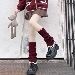 Women Socks Japanese Lolita Knitted Winter Gaiters Christmas Button Lace Long Covers For Girls Warm Foot Cuffs