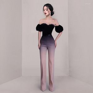 Women's Two Piece Pants 2023 Autumn 2 Set Women Off Shoulder Puff Sleeve Sexy Backless Velvet Short Tops High Waist Gradual Color Trousers