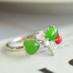 Cluster Rings Women Green Jade Ring 925 Sterling Silver con zircone farfalla regolabile Hetian Nephrite Jasper Band Girlfriend Mom Gift