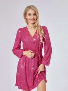 Vestidos casuais Minivestido feminino de lantejoulas brilhantes com mangas compridas e decote em V com cintura estilo envolvente para festa