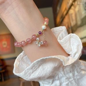 Strand Fashion Ethnic Natural Stone Strawberry Crystal Bracelet For Women Butterfly Pendant Hand String Girlfriend Valentine Gift Party