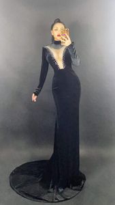 Stage Wear Black Sexy Backless Deep V-Neck Swan Velvet Women Dress Evening Banquet Wedding Clothing Model Show Costumes Festival