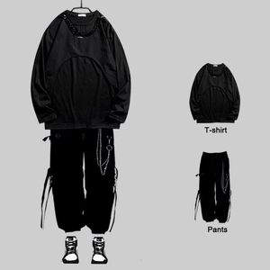 Mens Tracksuits Arens Techwear Set Black Cargo Pants Tshirt Kit Långärmad koreansk streetwear hiphop Hop Harajuku Spring 230804