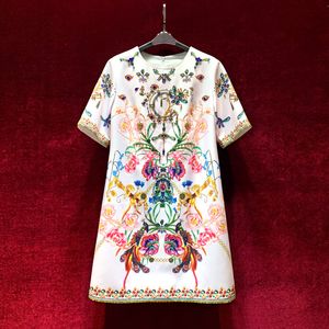 2023 Summer White Floral Print Dress Short Sleeve Round Neck Knee-Length Casual Dresses A3Q122126