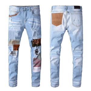 Men's Jeans Clothing fashion Embroidered Ripped motorcycle zipper Men Slim Denim Straight Pants Biker Hip Hop rock quality