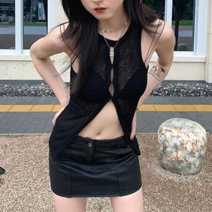 Regata feminina sem mangas preta básica com recorte vazado transparente tops camisetas verão mulheres sexy malha roupas coreanas