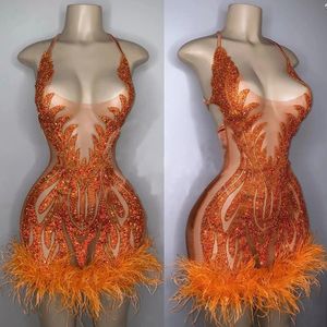 Vestidos de Coquetel Sexy Luxo Deslumbrantes Com Contas De Cristal Curto Maxi Midi Vestidos De Festa Laranja Decote Frente Sem Costas Pena Aniversário