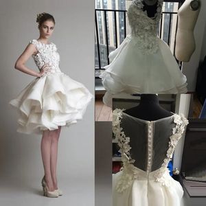Krikor Jabotian Short Lace Wedding Dresses 2023 Bateau Cap Sleeves Backless Knee Length A line Organza Beach Bridal Bowns