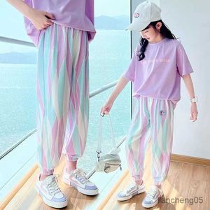 Clothing Sets Summer Girls Cotton Lavender t-Shirt Tops+Colorful Stripes Set School Kids Tracksuit Child Outfit Jogging Suit 5-16 Years R230805