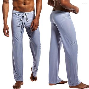 Calças masculinas esportivas casuais cor sólida de seda gelada com cordão cintura elástica solta cintura baixa calça de yoga pijama