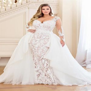 Vestidos de Noiva Sereia de Renda Branca Manga Longa Decote em V Plus Size Saia Destacável Trem Vestidos de Noiva Nigéria Vestidos De Novia237j