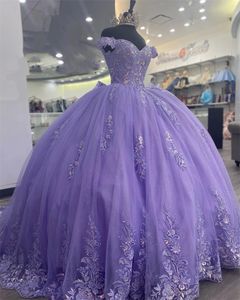 Princess Lavender Quinceanera Dresses Off The Shoulder Ball Gown Lace Appliques Birthday Party Gowns Back Bow Ruffles Beaded Prom Dress Vestido De 15 Anos