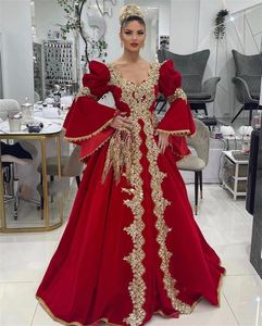أنيقة Kosovo Kaftan Red Velvet Prom Dresses Bell Long Sleeves Gold Lace Lace Beaded Beaded Floor Dontal Solidal Sealial Sounds