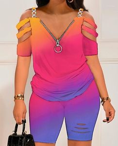 Kadınların Trailtsuits Moda İki Parçalı Y2K Soğuk Omuz Fermuarı Tasarım Boya Üst Normal Merdiven Kesimi Diz Şort Seti
