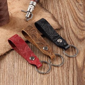 Keychains Vintage Handmade Leather Cowhide Rope Keychain Metal Carved Pattern Key Cover Car Ring Gift