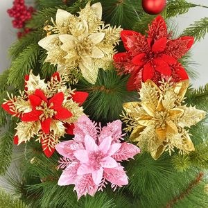 Decorative Flowers 10/5/3Pcs 14cm Glitter Artificial Christmas Xmas Tree Ornaments Merry Decorations For Home Year Gift Navi