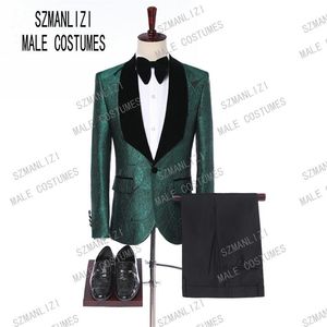 Men Suits With Pants 2019 Italian Tuxedo Slim Velvet Lapel Green Leaves Formal Groom Wedding Prom Party Suits Man Blazer264e