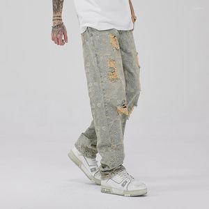 Mäns jeans American Retro Street Style Old Cashew Flower Ripped Trendy Brand Hip-Hop Straight-ben Pants