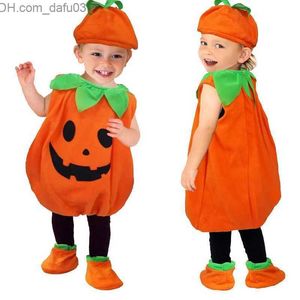 Tema kostym barns roliga roll som spelar pumpa halloween dressing party kommer barns ärmlös jumpsuit topp+hatt+skor babykläder z230805