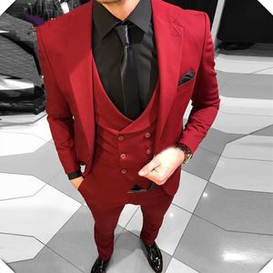 Handsome Groomsmen Wear Notch Lapel Red Black One Button Groom Tuxedos Men Suits Wedding Prom Dinner Man Blazer Jacket Pants Tie V274S