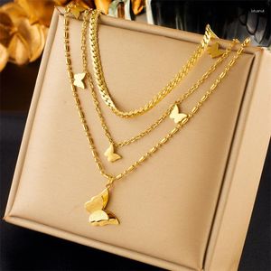 Choker 316L Stainless Steel Minimalist Charm Multi-layer Stacked Chain Smooth Frosted Butterfly Pendant Necklace