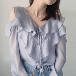 Blusas Femininas Camisa Chiffon Renda Azul Primavera Verão Moda Blusa 2023 Estilo Coreano Elegante Decote em V Manga Longa Casual Cor Sólida