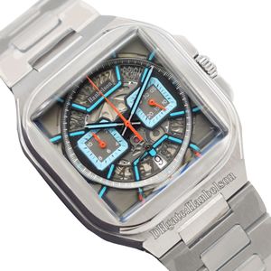 Relógios masculinos quadrados Mostrador azul celeste Japão vk Movimento de quartzo Multifuncional Cronógrafo 39 mm Pulseira de relógio de metal Relógio de pulso Pulseira esportiva de borracha Presente do dia dos pais