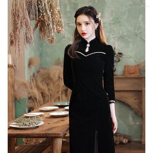 エスニック服の秋の冬ファッションブラックレトロベルベットQipao中国スタイルレースエッジセクシーなチョンサムレディデイリースリムパーティーイブニングドレス