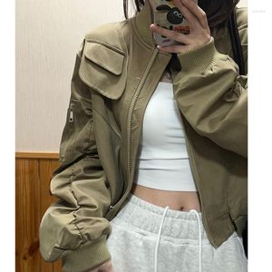 Women's Jackets Spring 2023 GREEN Baseball Coat Women American Retro Loose Cardigan Pilot Long Sleeve Jacket Top Trend