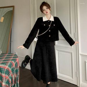 Dwuczęściowa sukienka UNXX Spring Autumn Skipt Kuitu Lapat Patchwork Long Rleeve Coats Tops A-line spódnice Vintage Casual Korean Style