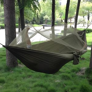 Hammocks 1-2 Person Hammock Portable Outdoor Camping Hammock With Mosquito Net High Strength Parachute Fabric Hanging Bed Sleeping Swing 230804