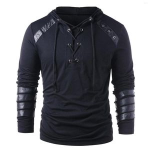 Men's Hoodies Steampunk Leather Patchwork Drawstring Hoodie Autumn Winter Sweatshirt Long Sleeve Vintage Gothic Hooded Men Blouses