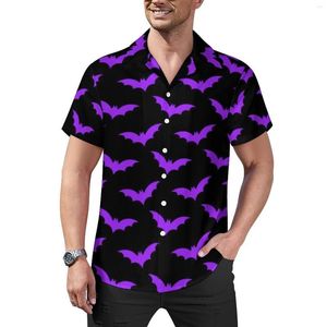 Camisas casuais masculinas Halloween Bats Camisa solta Homem Praia Preto e Roxo Gráfico Havaiano Manga Curta Harajuku Blusas Grandes